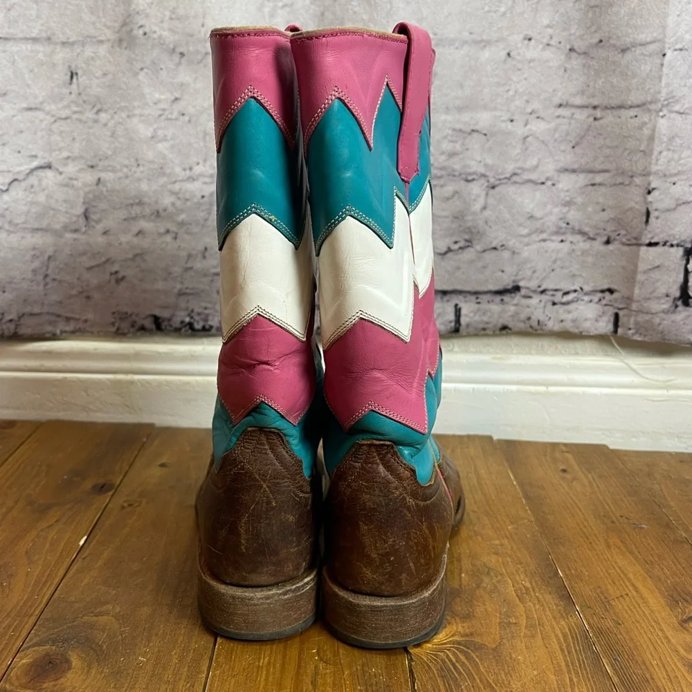 Macie Bean Girls Brown Western Boots with Pink, Teal & White Chevron Shaft